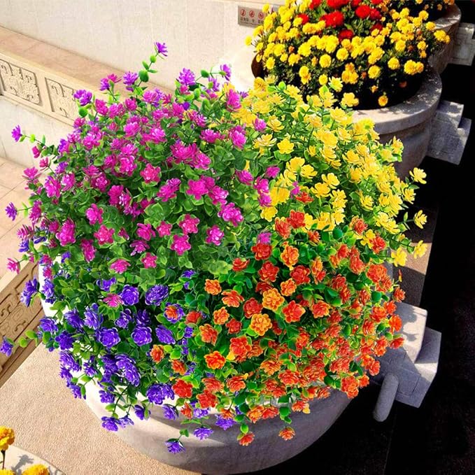 6 Bundles Outdoor Artificial Flowers UV Resistant Fake Boxwood Plants, Faux Plastic Greenery for Indoor Outside Hanging Plants Garden Porch Window Box Home Wedding Farmhouse Decor (Magenta)