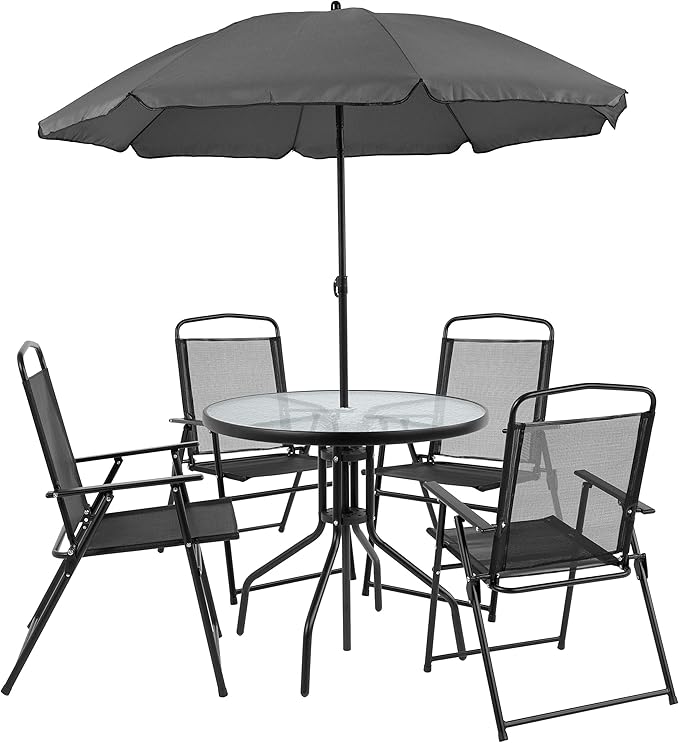 EMMA + OLIVER 6 Piece Black Patio Garden Set with Umbrella Table and Set of 4 Folding Chairs
