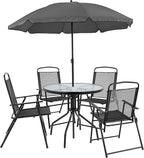 EMMA + OLIVER 6 Piece Black Patio Garden Set with Umbrella Table and Set of 4 Folding Chairs