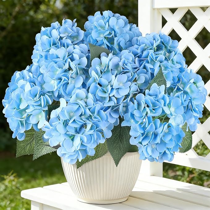 AGIRL 3 Bundles Blue Artificial Hydrangea Flowers for Outdoors, UV Resistant Lifelike Faux Flowers for Spring Indoor Outdoor Garden Patio Porch Balcony Home Decor Wedding Party Centerpieces
