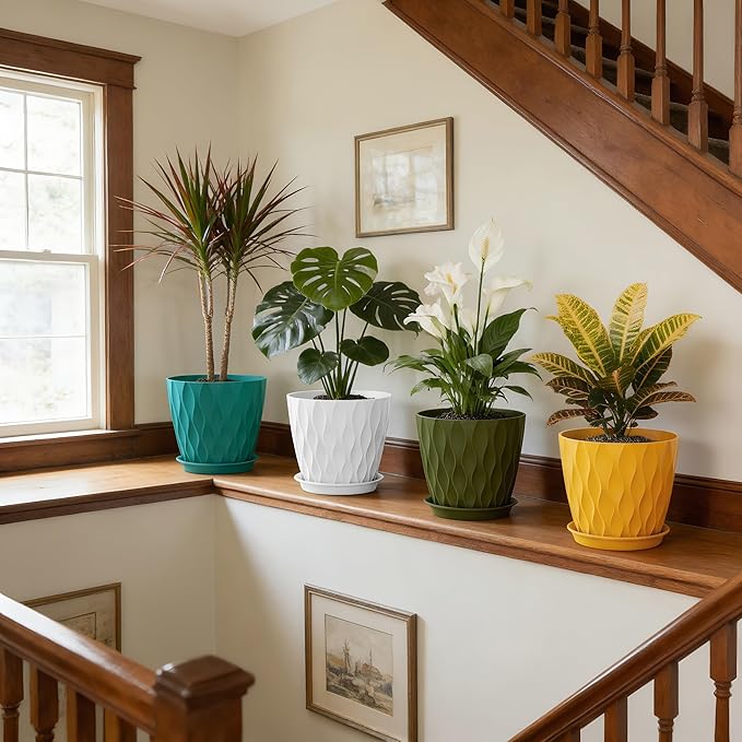 UOUZ 8 Inch Plant Pots, 4 Pack Plastic Planters for Indoor Outdoor with Drainage Holes & Saucers, Waffle Texture Flower Pots for Indoor Plants, Indoor Plant Pots for Monstera, Fiddle Leaf Fig Colorful