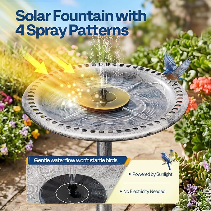 VIVOHOME Bird Bath with Solar Fountain for Outside, Polyresin Pedestal Bird Baths with Solar Powered Pump for Outdoor, Garden, Weather-Resistant Birdbaths with 20" Bowl, Gray