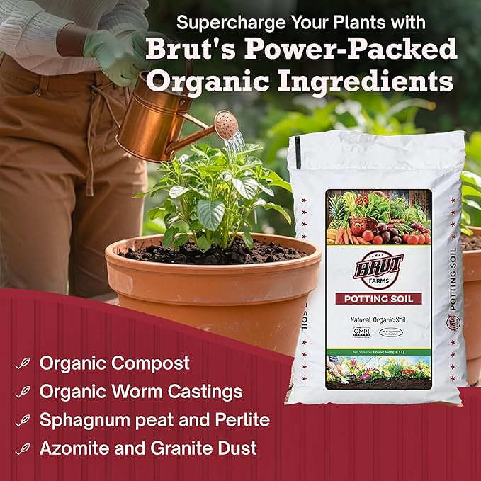 Brut Organic Potting Soil 1 CU FT – Premium Plant Soil with Organic Worm Castings, Trace Minerals & Perlite – Chemical-Free, Filler-Free – Ideal Potting Mix for Indoor & Outdoor Plants – Pack of 6