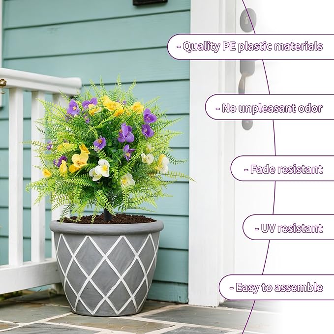 2 Pack Artificial Boxwood Topiary Ball Trees with Colorful Flowers for Outdoor - 23" UV Resistant Artificial Outdoor Shrubs Fake Bushes with Ground Spike for Front Porch Patio Garden Yard - Pansy&Fern