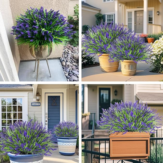 Bassion Artificial Flowers for Outdoors, 12 Bundles Fake Lavender Flowers UV Resistant Plastic Plants Faux Purple Monkey Grass for Home Porch Garden Window Box Indoor Outdoor Decorations