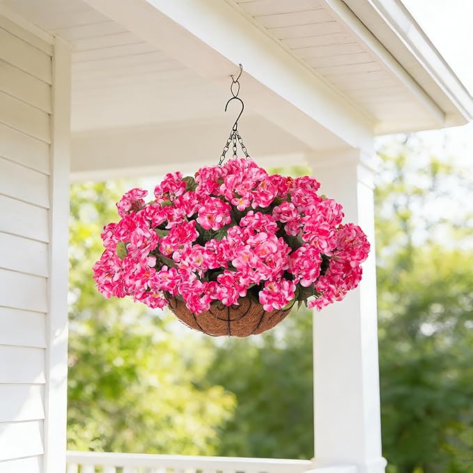 INSPRING Geraniums Artificial Flowers Hanging Basket for Outdoors Outside Spring Decoration, 8 Bundles Silk Flowers Fake Plants Look Real UV Resistant for Porch Home Patio Balcony Yard, Pink