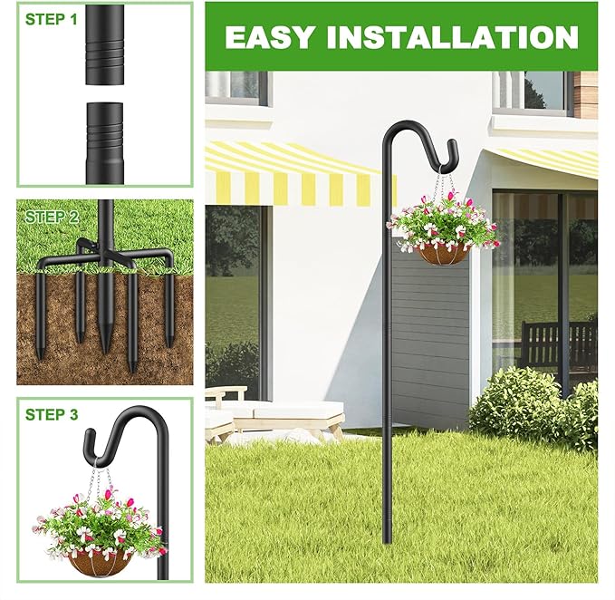76" Shepherds Hooks for Outdoor, Adjustable Bird Feeder Pole with 5 Prong Base, Heavy Duty Bird Feeder Pole for Hanging Bird Feeders, Plant, Wind Chimes, and Garden Decorations