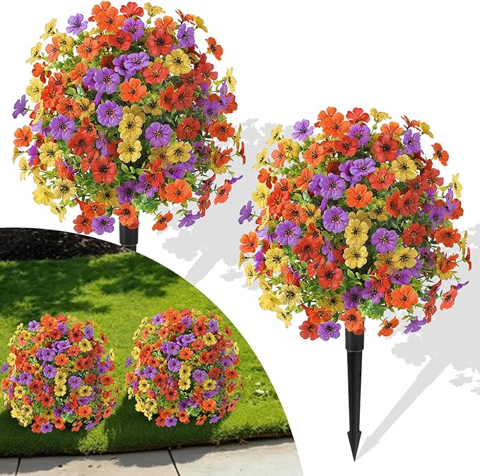 Alupssuc 2Pcs 20" Artificial Topiary Ball Flowers, Spring Outdoor Decoration with Spike, UV Resistant Faux Summer Plants, Faux Bushes Plants, Red Purple Yellow Orange for Garden, Porch Decor