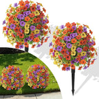Alupssuc 2Pcs 20" Artificial Topiary Ball Flowers, Spring Outdoor Decoration with Spike, UV Resistant Faux Summer Plants, Faux Bushes Plants, Red Purple Yellow Orange for Garden, Porch Decor