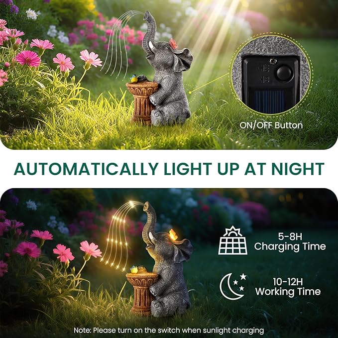 Solar Elephant Statue Garden Decor Outdoor, Garden Decoration with Led Lights, Mother' s Day Gifts for Mom, Birthday Gifts for Women, Garden Statue for Housewarming, Lawn, Yard, Patio