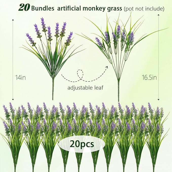 N&T NIETING Artificial Plants Outdoor, 20 Bundles Fake Monkey Grass with Spring Summer Flowers, Faux Plants for Garden Window Office Patio Hanging Planter Pathway Front Porch Home(Purple)