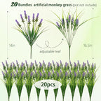 N&T NIETING Artificial Plants Outdoor, 20 Bundles Fake Monkey Grass with Spring Summer Flowers, Faux Plants for Garden Window Office Patio Hanging Planter Pathway Front Porch Home(Purple)