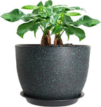UOUZ 12inch Large Plant Pot, Modern Plastic Planter with High Driange Holes and Saucer for Indoor Outdoor Garden Plants and Flowers, Black with Green Speckles