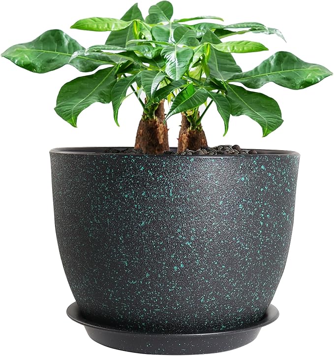 UOUZ 12inch Large Plant Pot, Modern Plastic Planter with High Driange Holes and Saucer for Indoor Outdoor Garden Plants and Flowers, Black with Green Speckles