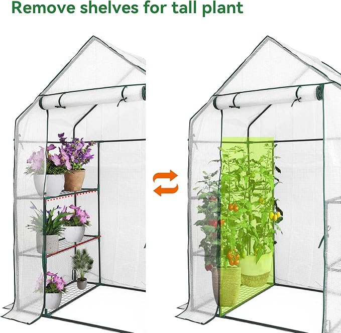 Heyfurni Walk in Greenhouse with 3 Tier 6 Shelves,2 More Bottom Shelves Reinforced Plant House, Growhouse/Green House for Outdoor,PE Cover 143x73x195cm