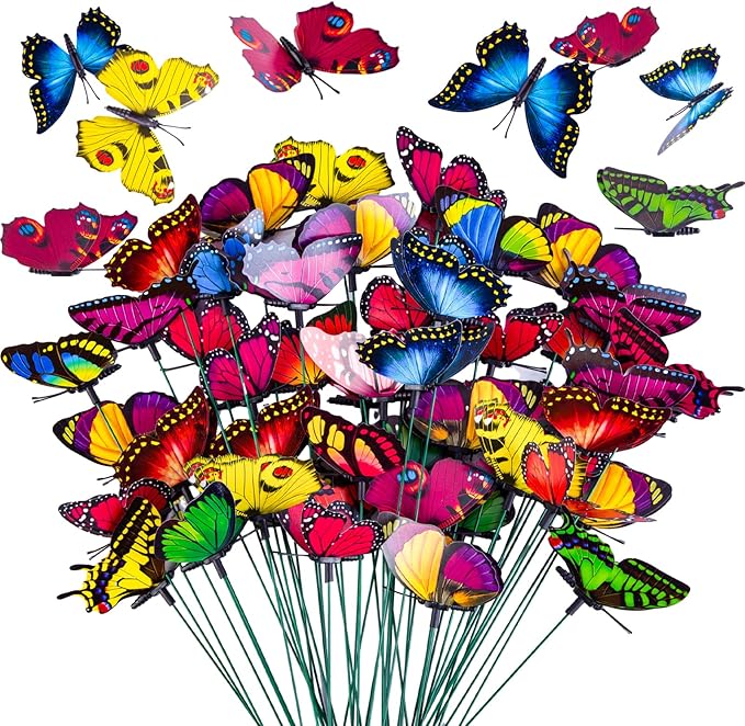 VGOODALL 50PCS Butterfly Garden Decorations, 11.8 inch Butterfly Stakes Ornaments Artificial Waterproof Butterflies for Flower Bouquet Outdoor Indoor Yard Art Patio Plant Pot Flower Bed Home Décor