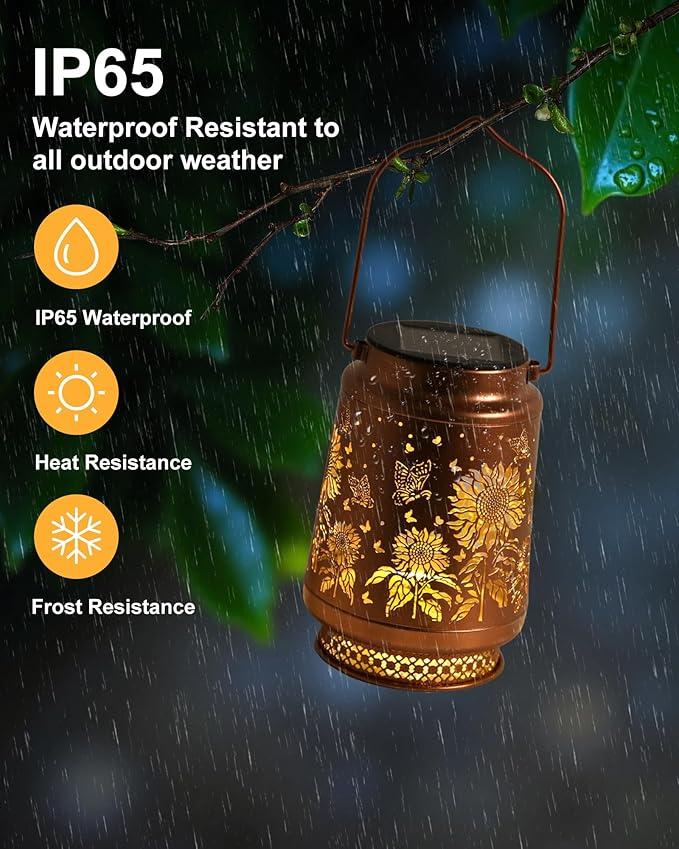 2 Pack Sunflower Solar Lanterns Outdoor Waterproof, Garden Decor Birthday Gifts for Women Mom Grandma Sister, Metal Hanging Solar Lights Outside Decorative for Backyard Patio Lawn Pathway Landscape