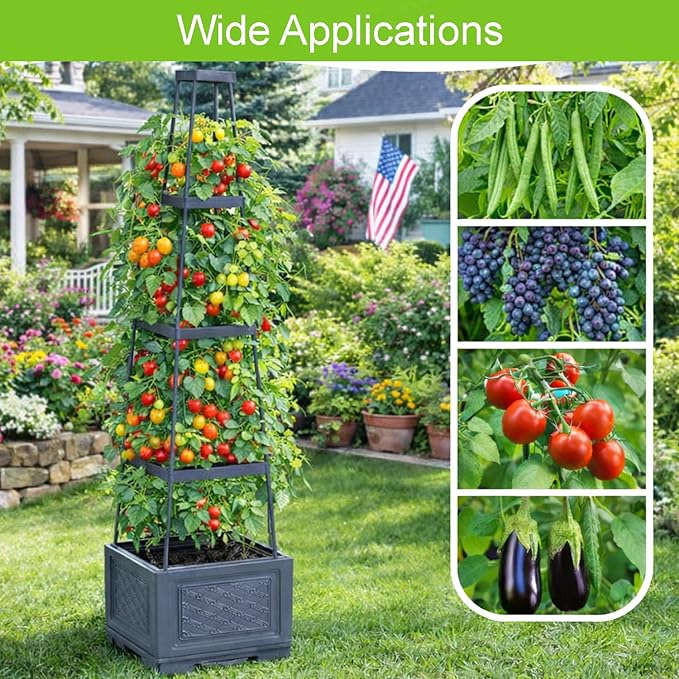 2PCS Rolling Raised Garden Bed Tomato Planter with Trellis, 57" Self-Watering Tomato Cage Planters Box for Climbing Plants Vegetable Flower Patio Garden Balcony Outdoor & Indoor (with Wheels)