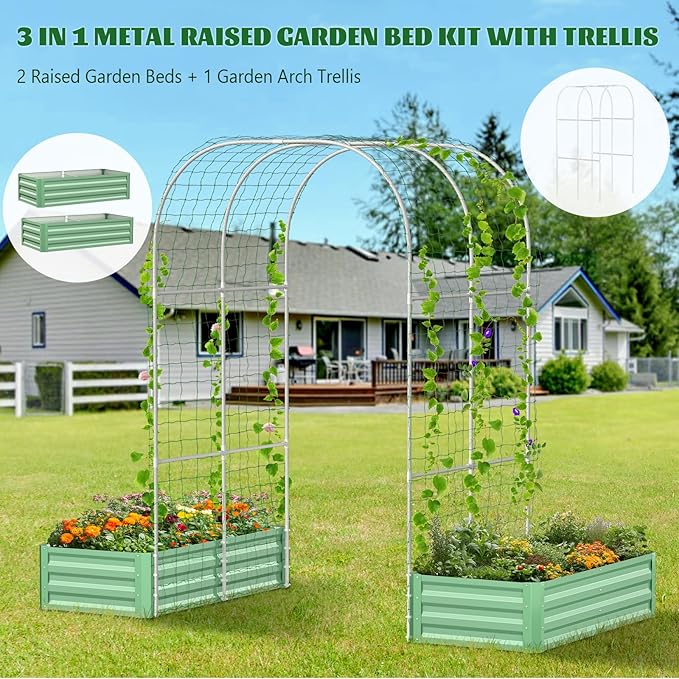 3 in 1 Galvanized Raised Garden Bed with 87" H Arch Trellis for Climbing Plants, Outdoor Gardening Planter Box with Climbing Net for Flower Vegetables Fruits Herbs, Green