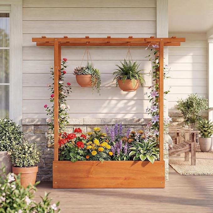 BECOMFORT Raised Garden Bed with Trellis & Hanging Roof, 45" Tall Fir Wood Planter Box with Drainage Holes, Outdoor Elevated Garden Planter for Climbing Vines, Perfect for Patio, Lawn & Backyard