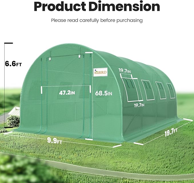 KING BIRD Premium 20x10x6.6FT Greenhouse for Outdoors, Large Walk-in Upgraded Galvanized Metal Frame, Mesh Door Screen Window Improved Zipper Tunnel Hoop for Garden Plant Winter, 2 Stiffeners, Green