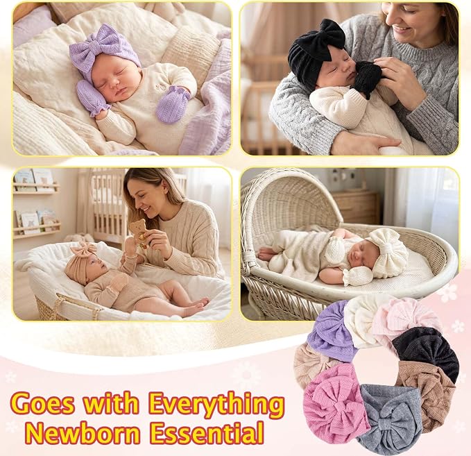 8 Sets Newborn Baby Girl Hats & Mittens, Cotton Preemie Hospital Bow Cap, No Scratch Gloves,Infant Beanies 0-3 Months