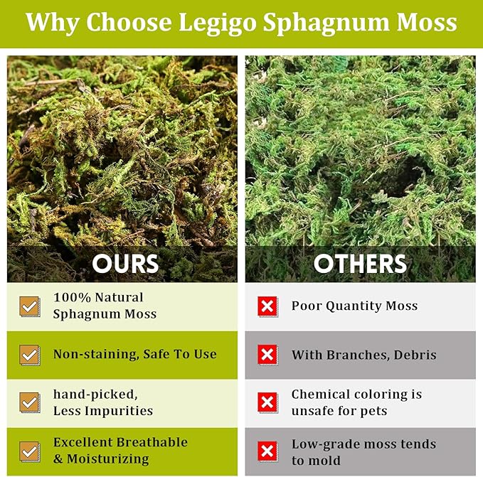 Legigo 14 OZ Sphagnum Moss for Reptile- 16 QT Natural Reptile Moss Terrarium Moss Substrate, Snake Tank Moss Peat Moss Reptile Bedding for Snake, Gecko, Ball Python, Frog and Orchids Plants