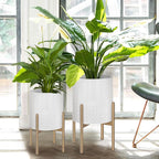 Oakrain Mid Century Planters for Indoor Plants, Set of 2, Modern Decorative Metal Planters for Living Room, Office, Garden or Balcony, White Planters with Stands, 10" & 12", Off-White
