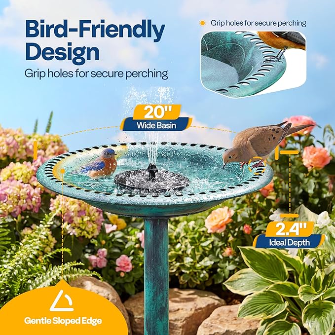 VIVOHOME Bird Bath with Solar Fountain for Outside, Polyresin Pedestal Bird Baths with Solar Powered Pump for Outdoor, Garden, Weather-Resistant Birdbaths with 20" Bowl, Green
