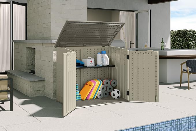 Suncast 3 Pack 34 Cu Ft Capacity Horizontal Outdoor Storage Shed for Garbage Cans, Garden Accessories, Backyard, and Patio Use, Vanilla
