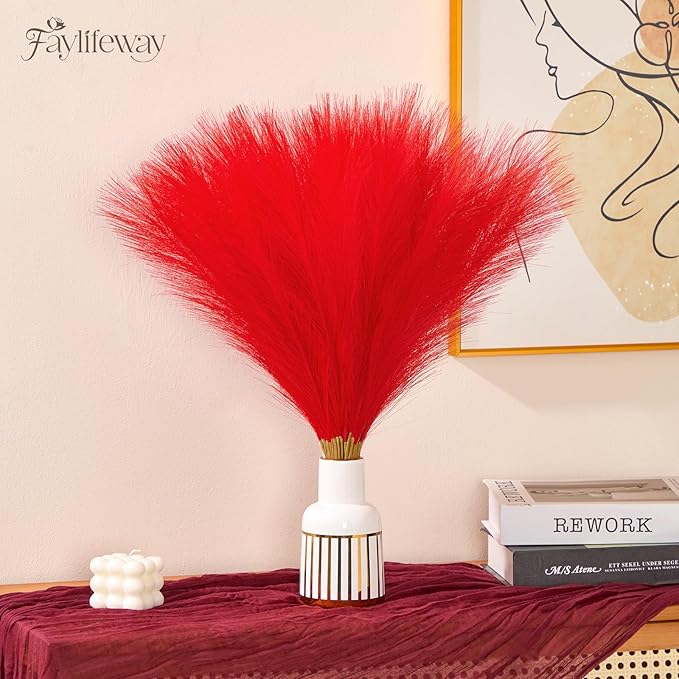50 PCS Red Pampas Grass, 17in Pampas Grass Decor, Artificial Pompas Wall Decor for Vase Room Bedroom Kitchen Table Wedding Party Birthday Baby Showers（Red）