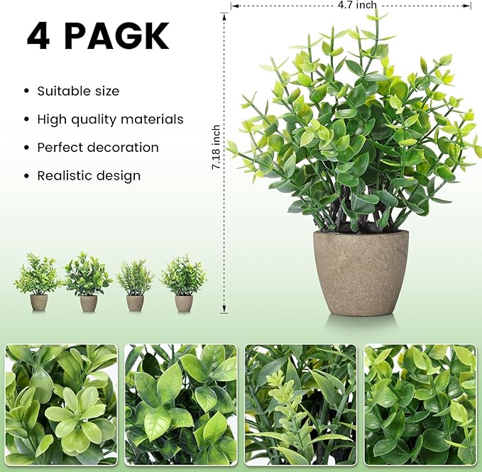 4 Pack Fake Plants Ceramic Mini Artificial Greenery Potted Plants for Home Decor Office Decor Room Decor Farmhouse Decor Indoor Table Bathroom Decor