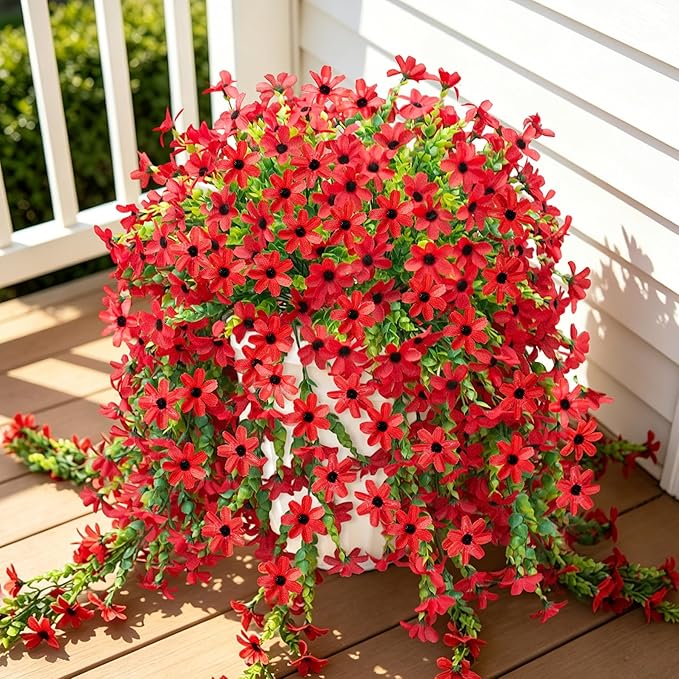 INXUGAO Fake Artificial Hanging Flowers for Outdoors Fake Plants Decoration, 2 Bundles Faux Silk Colorful Daisy Eucalyptus Realistic UV Resistant for Outside Home Planter Porch Patio Yard Decor(Red)