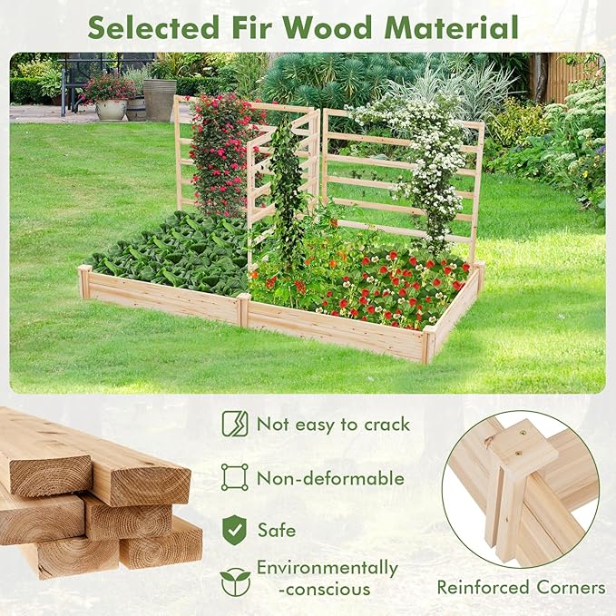 HAPPYGRILL Raised Garden Bed with 3 Trellises, Outdoor Wood Raised Bed w/ 2 Planter Boxes for Flowers, Vegetables, Fruits Climbing Vines, Elevated Garden Box for Yard Patio, 88" L x 45" W x 43" H