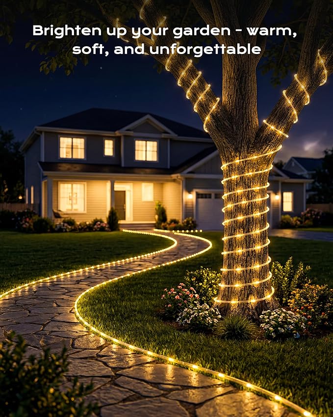 Brightown Solar Rope Lights, 2 Pack Total 78FT 200LED Warm White Solar String Lights Outdoor, IP65 Waterproof Solar Powered Fairy Lights with 8 Lighting Modes for Yard Garden Patio Tree Decoration