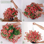 GLIDLION Artificial Flower & Eucalyptus with Hanging Basket - 2PCS Faux UV Sun Resistant Morning Glory in Planter, Fake Colorful Silk Flowers for Spring Summer Porch Patio Balcony Yard Decor (Red)