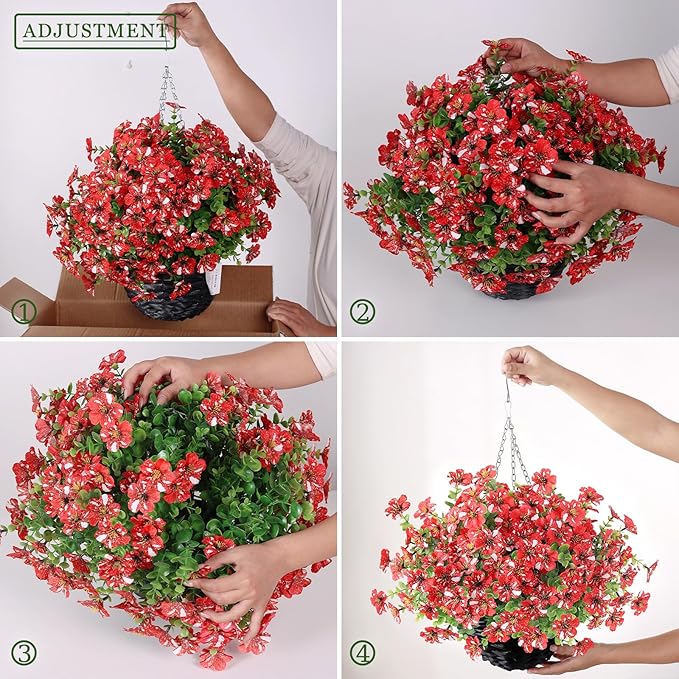 GLIDLION Artificial Flower & Eucalyptus with Hanging Basket - 2PCS Faux UV Sun Resistant Morning Glory in Planter, Fake Colorful Silk Flowers for Spring Summer Porch Patio Balcony Yard Decor (Red)