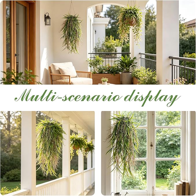 dallisten 4Pcs Fake Hanging Fern Plants for Outdoors, UV Resistant Artificial Ferns Greenery Vines Faux Trailing Plants for Indoor Wall Porch Wedding Boho Home Garden Decor(4PCS WhiteGreen Leaves)