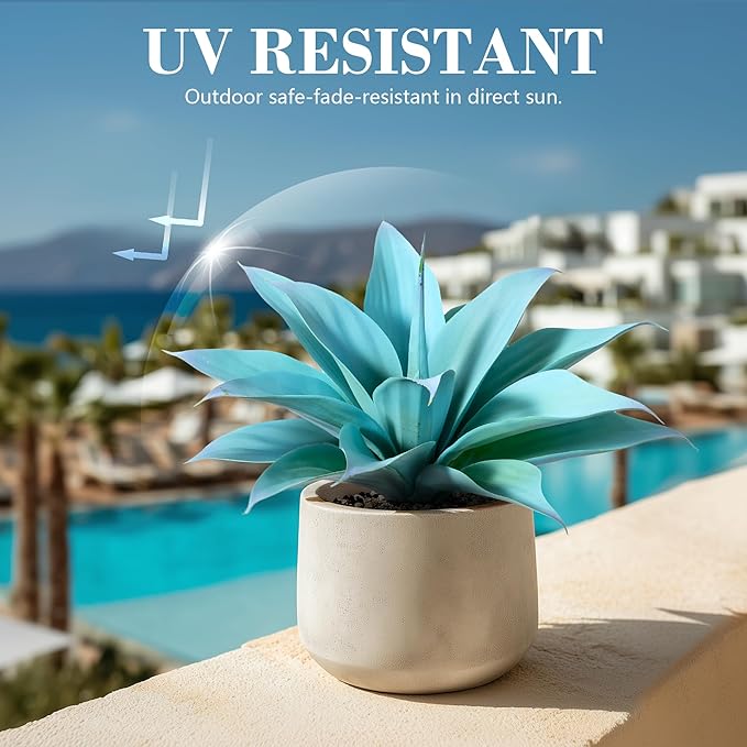 Ttranewsoo Artificial Agave Plants,Large UV Resistant Fake Agave Planters 12" for Indoor and Outdoor Decorating Tropical Plant Succulents Greenery Indoor Decor (Blue,2Pack)