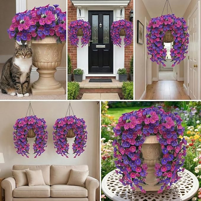 Artificial Flowers for Outdoors Fake Fuchsia Purple Morning Glory Hanging Flower Decoration, 2Pcs Realistic Faux Plants Petunias Long Trailing Vines,Spring Decor for Porch Patio Balcony Planter Yard