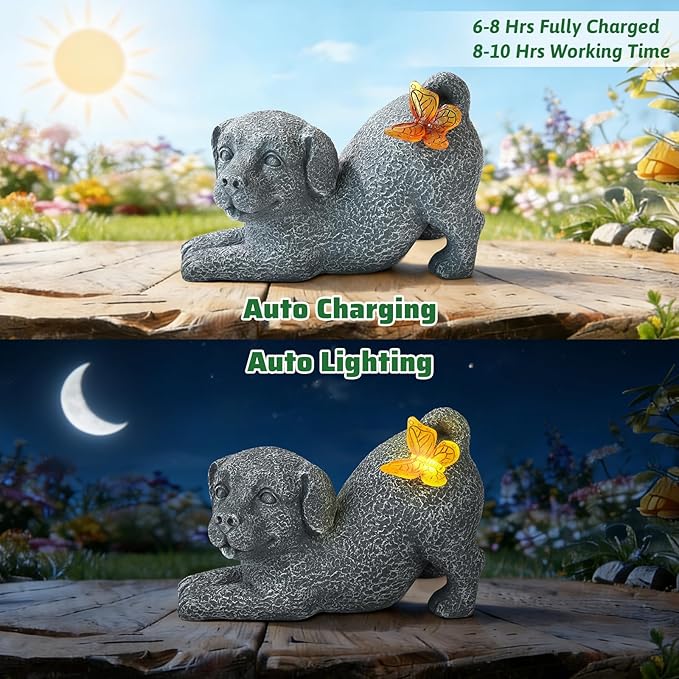 Solar Dog with Butterfly Light Statue, Outdoor Resin Puppy Garden Decor, Solar Powered Dog Figurine for Yard Patio Lawn, Waterproof Memorial Gift for Pet Lovers