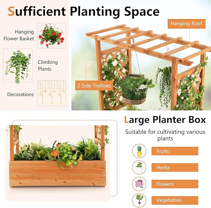 LDAILY Raised Garden Bed with Trellis, Above Ground Garden Bed with Hanging Roof, Side Trellis, & 4 Drainage Holes, Planter Box for Outdoor Climbing Plants Vines Flowers (2, 43.5"L x 17.5"W x 44.5"H)