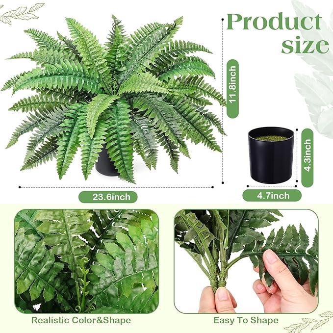 Fake Ferns Potted Plant, Artificial Boston Ferns in Pot, 34 Leaves for Outdoors & Indoor Faux Boston Bush Plant Artificial Greenery Patio Garden Farmhouse Windowsill Porch Home Decor
