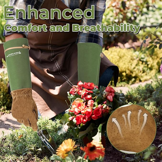 HANDLANDY Long Gardening Gloves for Men & Women, Pigskin Leather Rose Pruning Gloves, Breathable Thorn Proof Gauntlet Glove (Moss Green, XL)