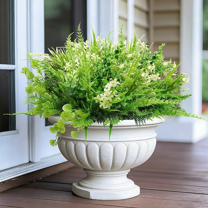 24 Bundles 6 Styles Artificial Plants Flowers for Outdoors Spring Summer Decor, UV Resistant No Fade Faux Plants Plastic Greenery Shrubs, Fake Fern Lavender Boxwood for Gardens Porch Yards Home Decor