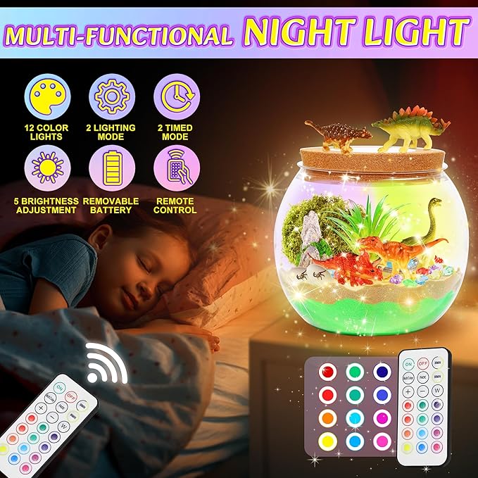 Hannstar Dinosaur Toys-Light Up Terrarium Kit for Kids, Night-Light DIY Dino Toys for Boys Ages 4 5 6 7 8-12, Birthday Easter Gifts for Boys, Arts and Crafts Kit for Kids