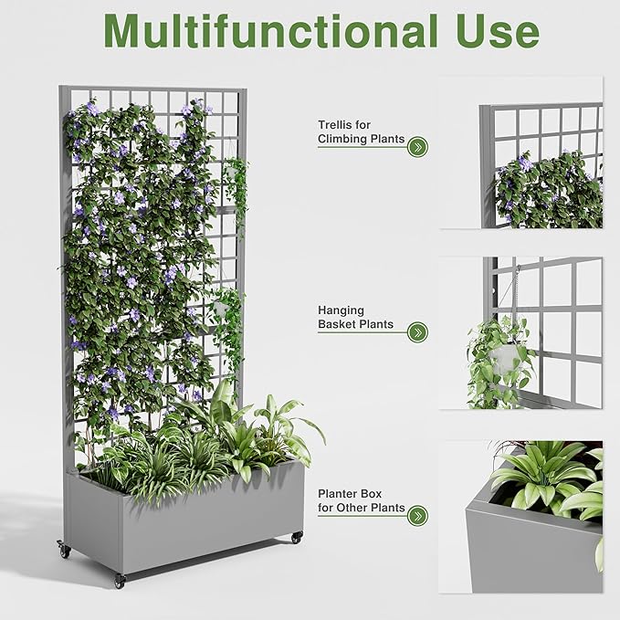 Casaphoria Metal Raised Garden Bed with Trellis and Wheels, 72"x35"x16" Planter Box for Climbing Plants, Vegetables & Vines, Features Drainage Holes and Privacy Screen (Gray-Grid)