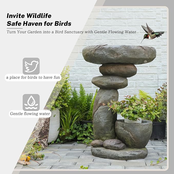 Solar Fountain for Bird Bath, Water Fountain Outdoor with Planter, Freestanding Rock Solar Waterfall with LED Lights for Garden, Patio, Yard