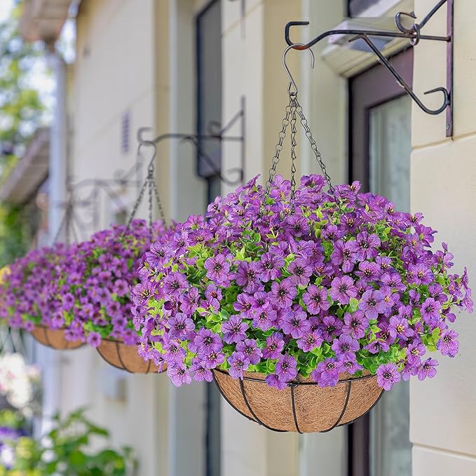 Artificial Flowers Hanging Plants in Basket,Artificial Hanging Flowers for Spring Outdoor Indoor Decor,UV Resistant hanging Baskets with Fake Flowers for Summer Patio Garden Porch Deck Home Decor