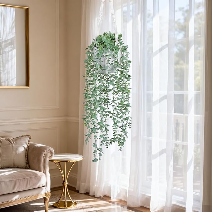 DREAMLOOM Fake Hanging Plants with Pot, Artificial Eucalyptus Hanging Plants with Macrame Hanger for Indoor Decor, Fake Hanging Vines Faux Greenery for Home Kitchen Office